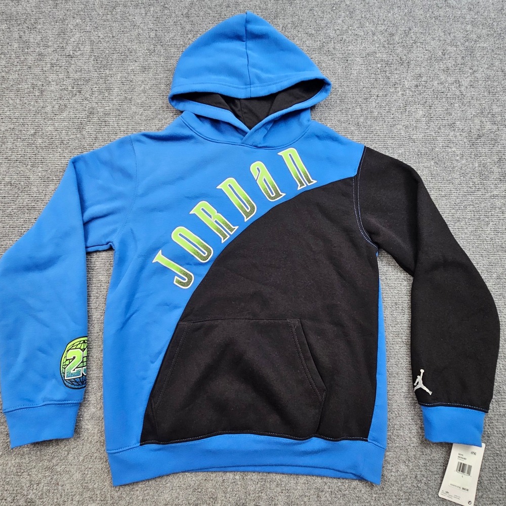 Jordan Hoodie Boys Large 12/13 Blue Black Pullover Fleece Jumpman 23 Graphic NWT
